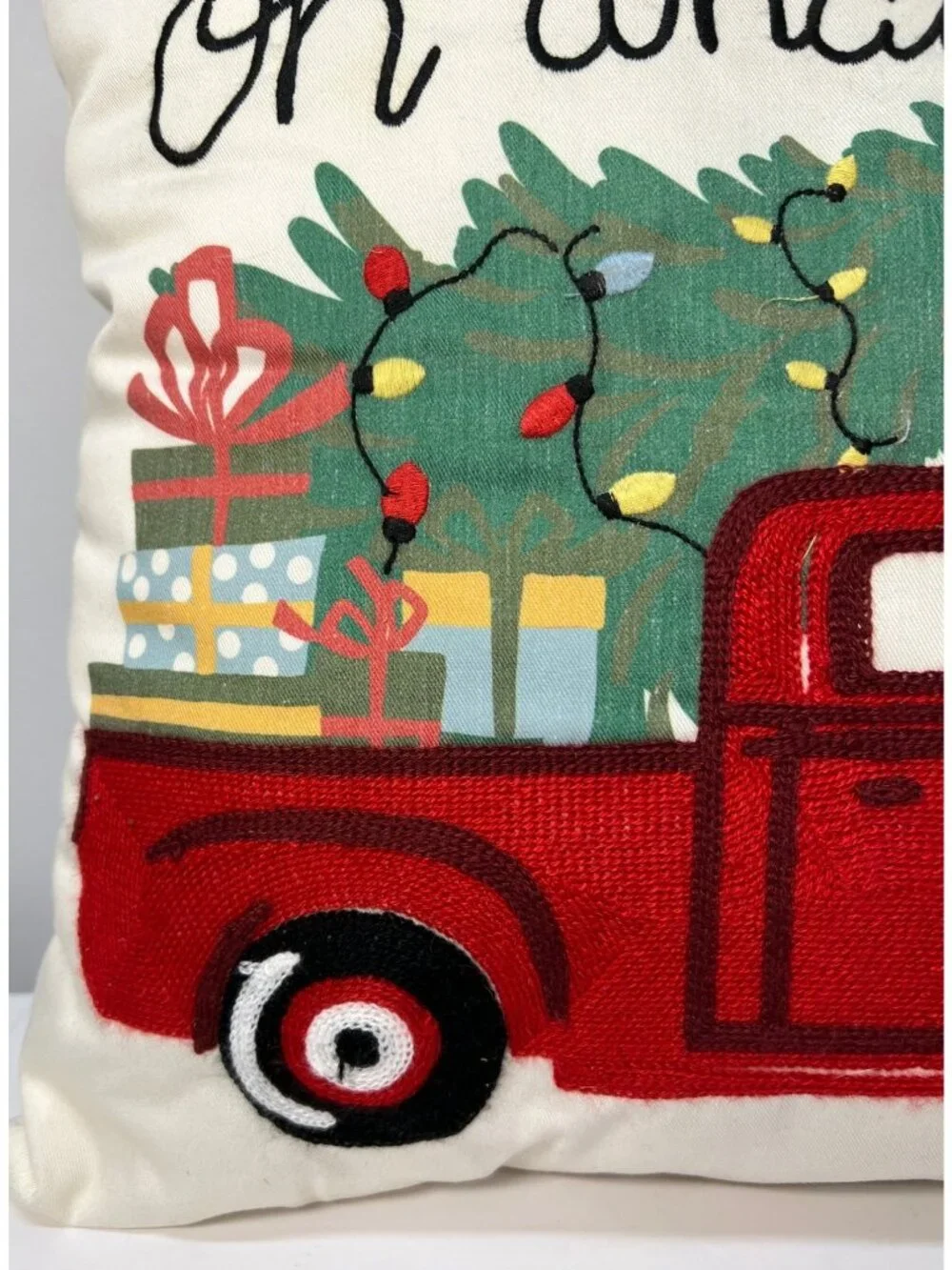 Christmas Pillow With Red Truck & Holiday Gifts 17'' x 17